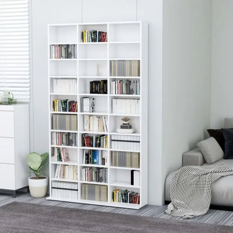 Bewerkte hout cd en dvd kast met open vakken voor je muziekcollectie - Wit / 102 x 16 x 177.5 cm / 1 - Cd- & dvd-kasten