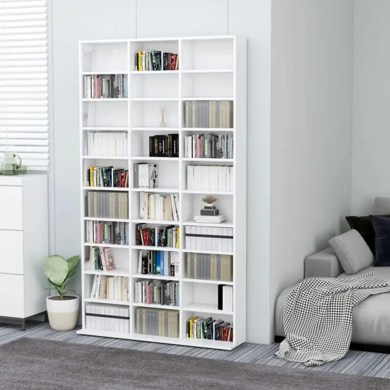 Bewerkte hout cd en dvd kast met open vakken voor je muziekcollectie - Hoogglans wit / 102 x 16 x 177.5 cm / 1 - Cd- &