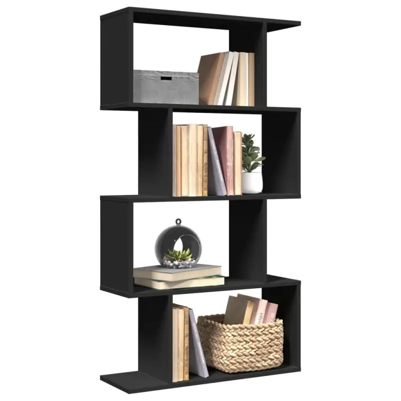 Bewerkte Houten Boekenkast Kamerscherm met Geometrisch Design - Zwart / 1 / 129 cm - Boekenkasten