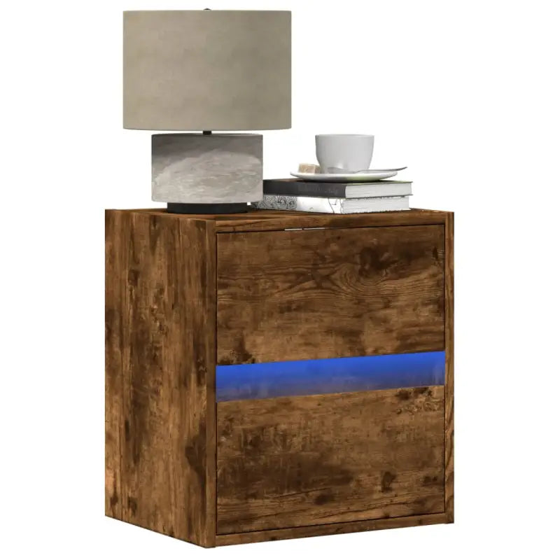 Bewerkte houten nachtkastje met LED-verlichting voor elke slaapkamer - Gerookt eiken / 2 - Nachtkastjes