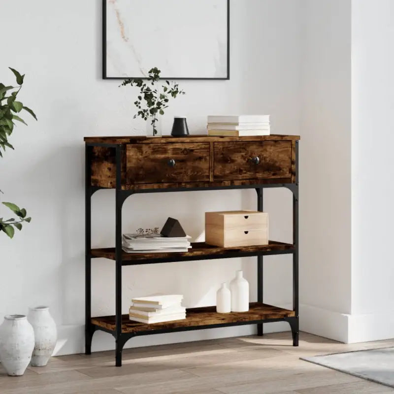 Bijzettafel met bewerkt hout en metalen frame met verstelbare poten - Gerookt eiken / 1 / 72.5 cm - Bijzettafels
