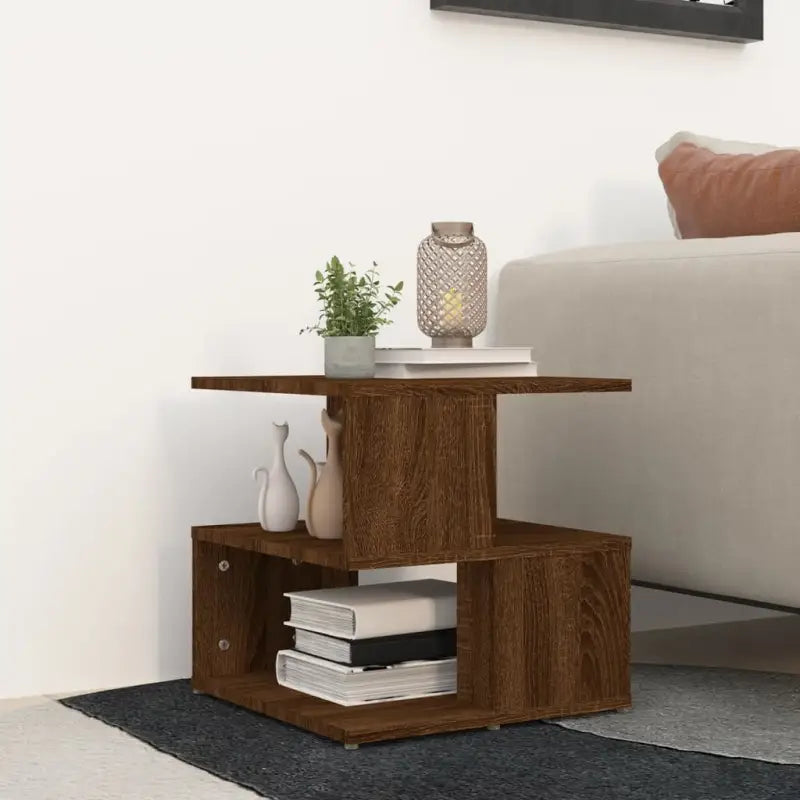 Bijzettafel met bewerkt hout en praktische schappen voor je woonkamer - bruin eikenkleur / 1 - Bijzettafels