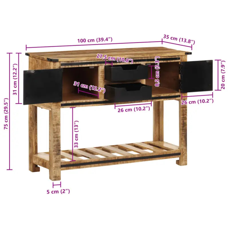Bijzettafel met massief mangohout en stevig tafelblad - 100 x 35 x 75 cm / 1 / zonder schap - Bijzettafels