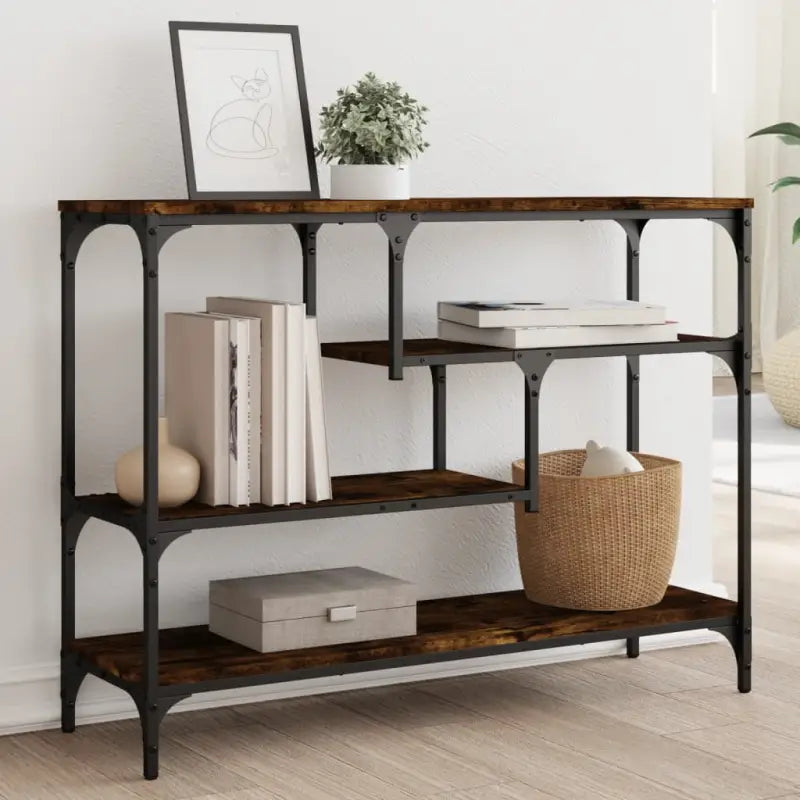 Bijzettafel wandmodel met bewerkt hout en metalen frame - Gerookt eiken / 1 - Bijzettafels