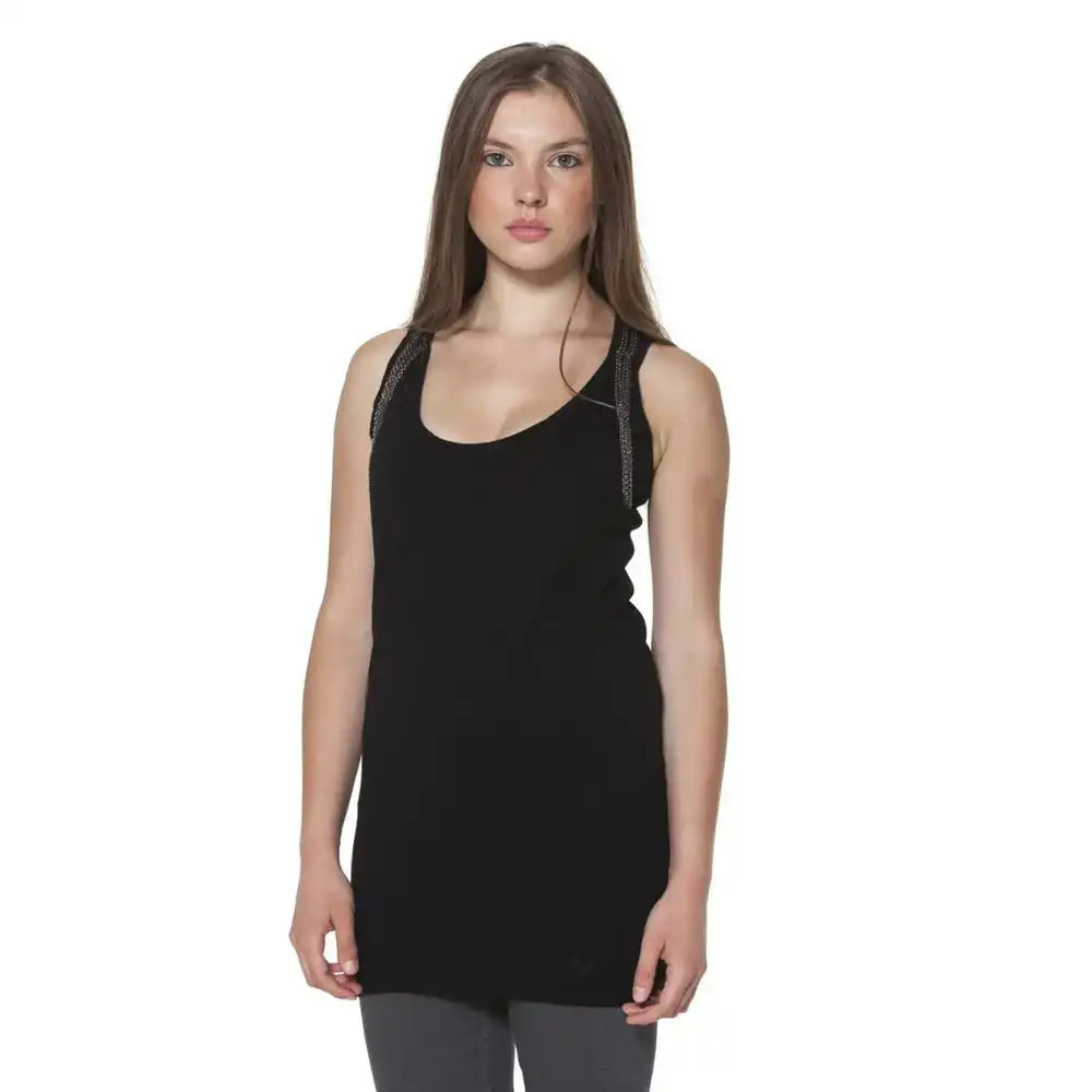 Black sleeveless tank top with a scoop neckline.