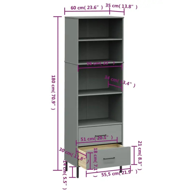 Boekenkast met massief grenenhout en metalen poten voor een rustieke uitstraling - Grijs / 1 - Boekenkasten
