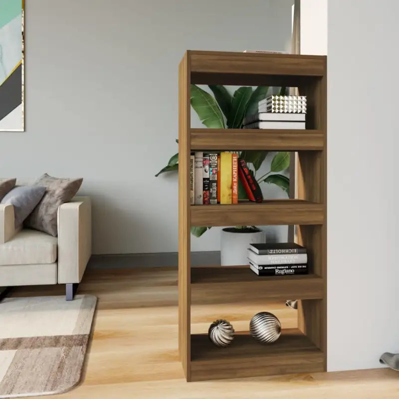 Boekenkast van bewerkt gerookt eiken hout voor kamerscherm gebruikt - bruin eikenkleur / 1 - Boekenkasten