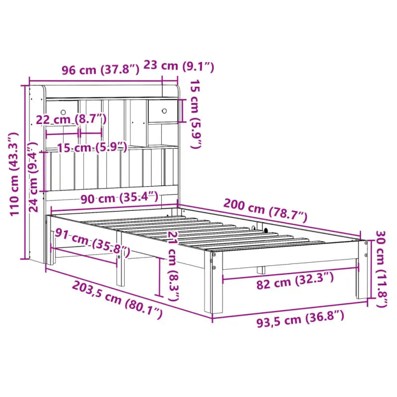 Boekenkastbed in massief grenenhout met optimale totale afmetingen - Bedden & bedframes