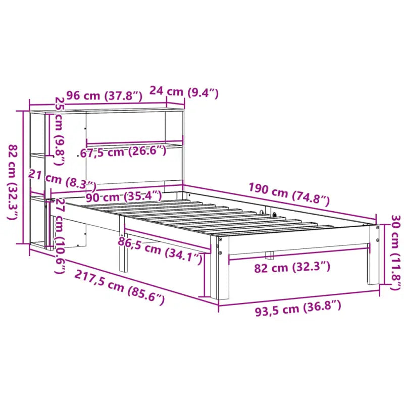 Boekenkastbed in massief grenenhout met praktische totale afmetingen - Bedden & bedframes