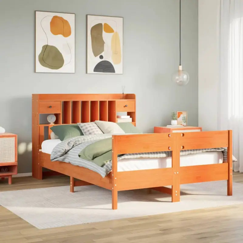 Boekenkastbed in massief grenenhout met ruime totale afmetingen - Wasbruin / 140 x 190 cm - Bedden & bedframes