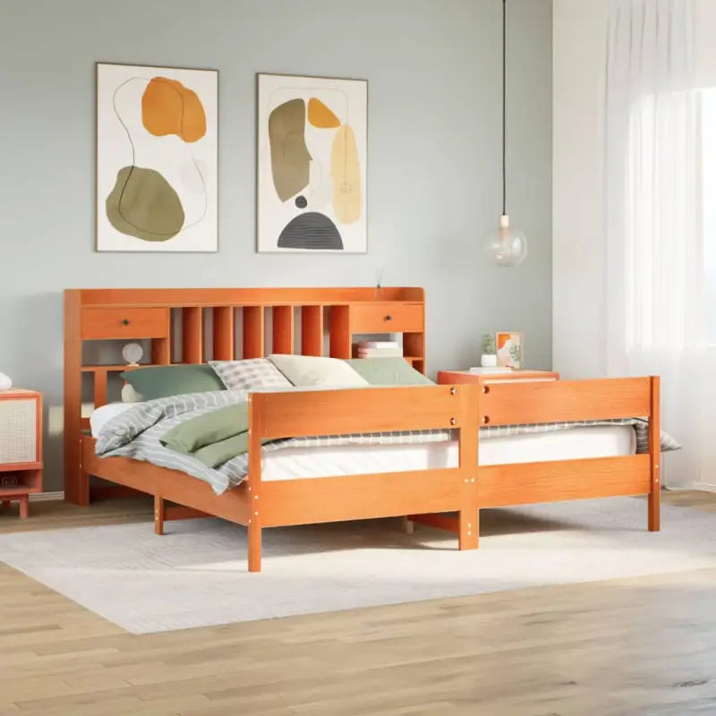 Boekenkastbed in massief grenenhout met ruime totale afmetingen - Wasbruin / 180 x 200 cm - Bedden & bedframes