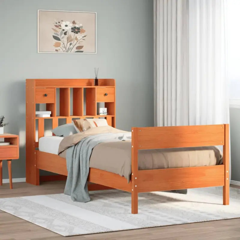 Boekenkastbed in massief grenenhout met ruime totale afmetingen - Wasbruin / 75 x 190 cm - Bedden & bedframes