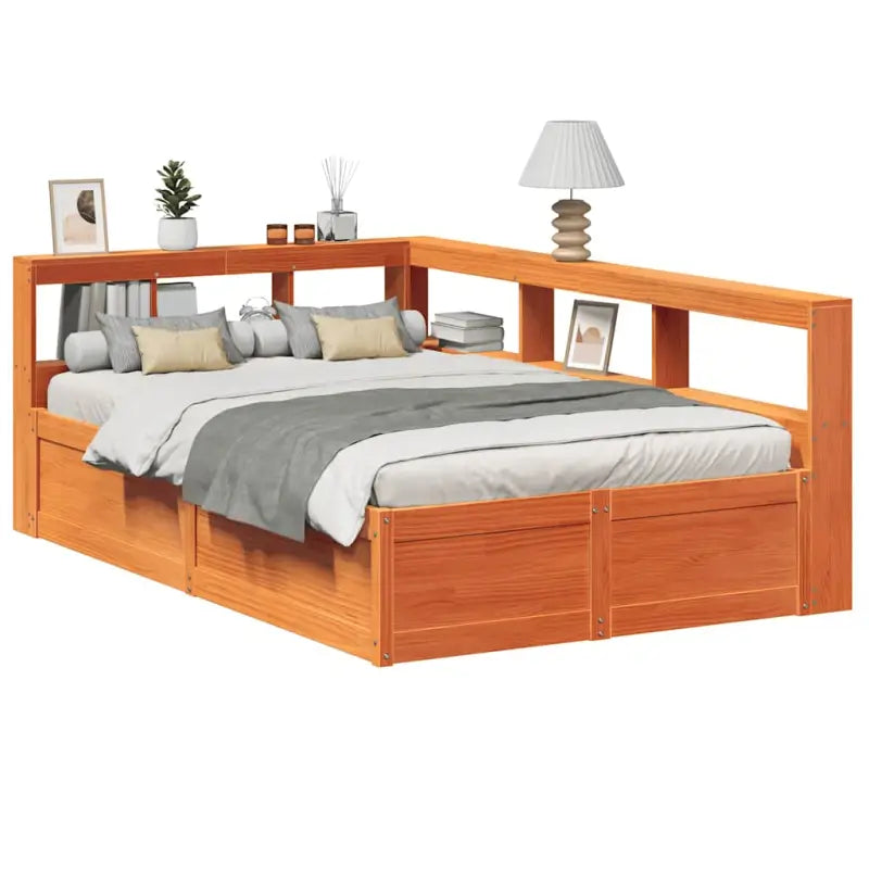 Boekenkastbed in massief grenenhout met uitgebreide totale afmetingen - Wasbruin / 135 x 190 cm - Bedden & bedframes