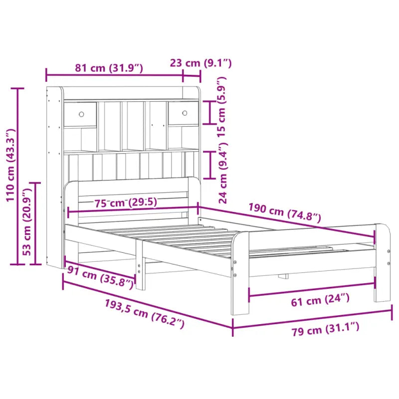Boekenkastbed van massief grenenhout met ideale totale afmetingen - Bedden & bedframes