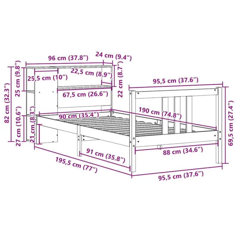 Boekenkastbed van massief grenenhout met ideale totale afmetingen - Bedden & bedframes