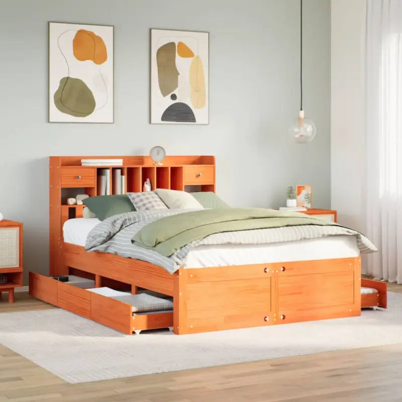 Boekenkastbed van massief grenenhout met optimale totale afmetingen - Wasbruin / 140 x 200 cm - Bedden & bedframes
