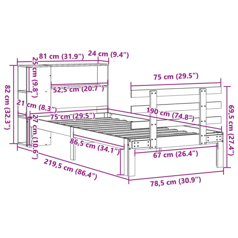Boekenkastbed van massief grenenhout met optimale totale afmetingen - Bedden & bedframes
