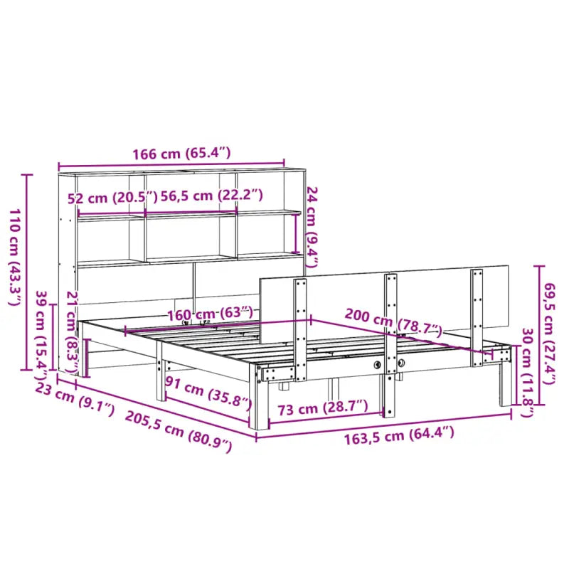 Boekenkastbed van massief grenenhout met optimale totale afmetingen - Bedden & bedframes