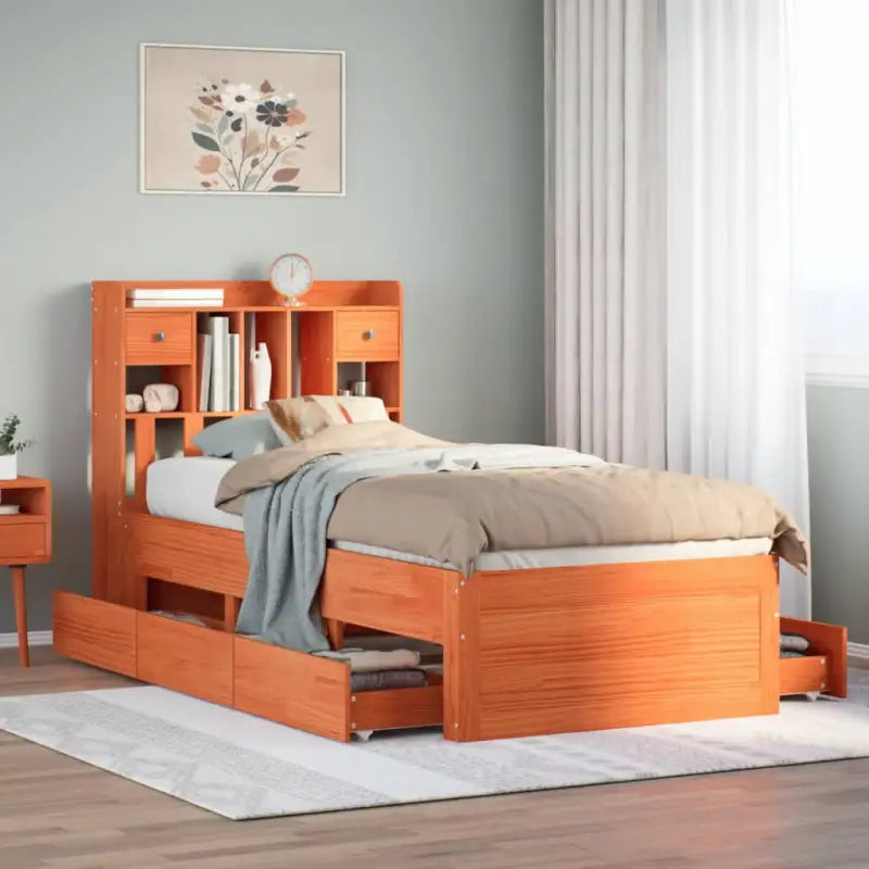 Boekenkastbed van massief grenenhout met optimale totale afmetingen - Wasbruin / 100 x 200 cm - Bedden & bedframes