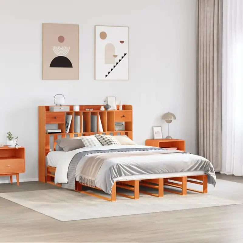 Boekenkastbed van massief grenenhout met praktische totale afmetingen - Wasbruin / 140 x 190 cm - Bedden & bedframes