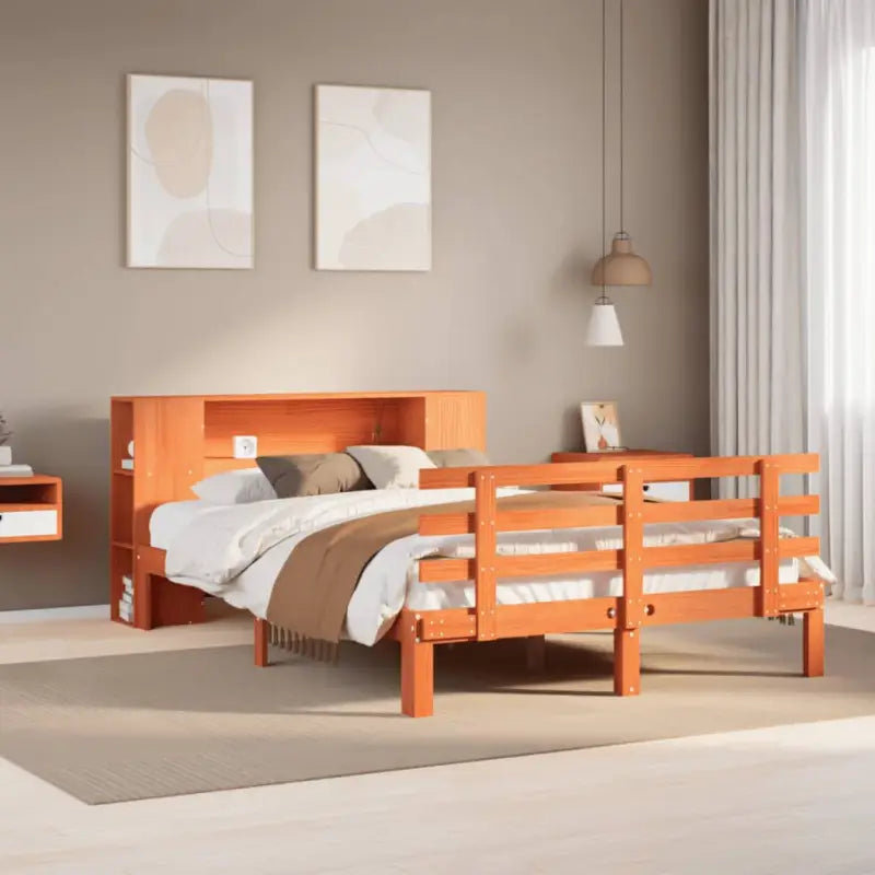 Boekenkastbed van massief grenenhout met ruime totale afmetingen - Wasbruin / 135 x 190 cm - Bedden & bedframes