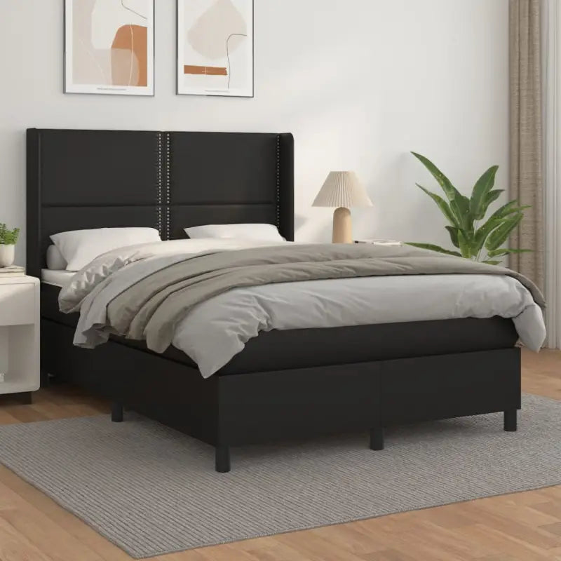 Boxspringbed met hoogwaardig kunstleer en wit materiaal voor rustslaap - Zwart / 140 x 200 cm / Effen met spijkers