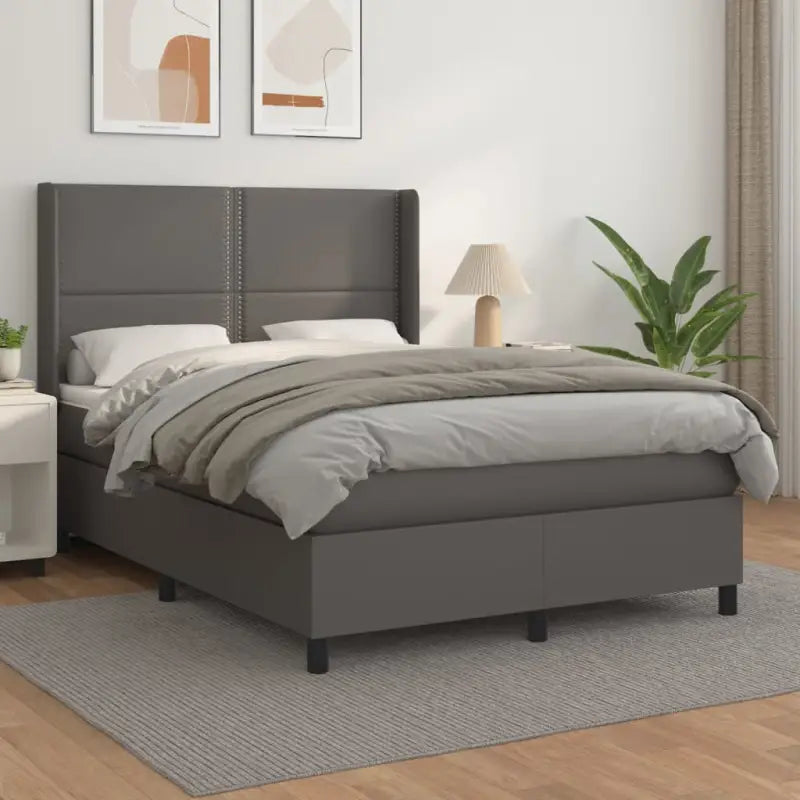 Boxspringbed met hoogwaardig kunstleer en wit materiaal voor rustslaap - Grijs / 140 x 190 cm / Effen met spijkers
