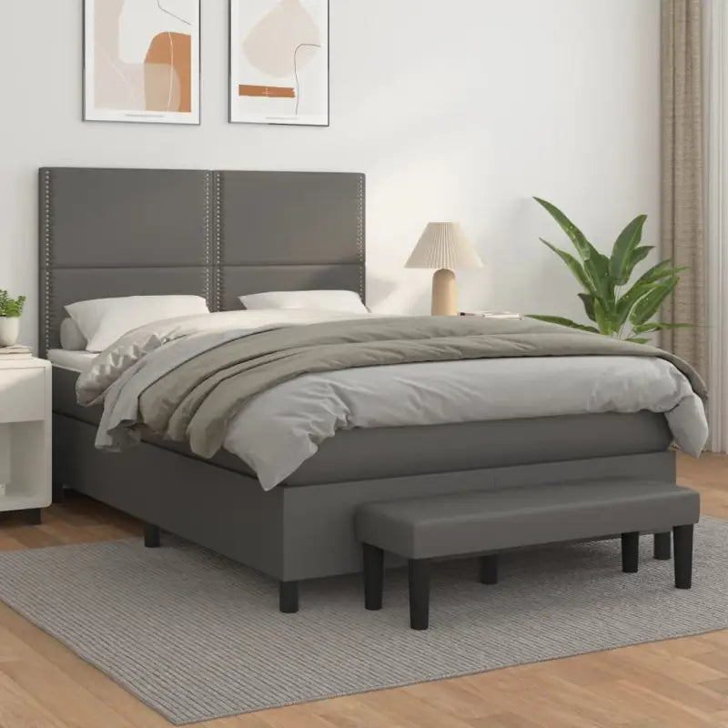 Boxspringbed met hoogwaardig kunstleer in grijs materiaal voor rustgevende nachten - Grijs / 140 x 190 cm / Effen