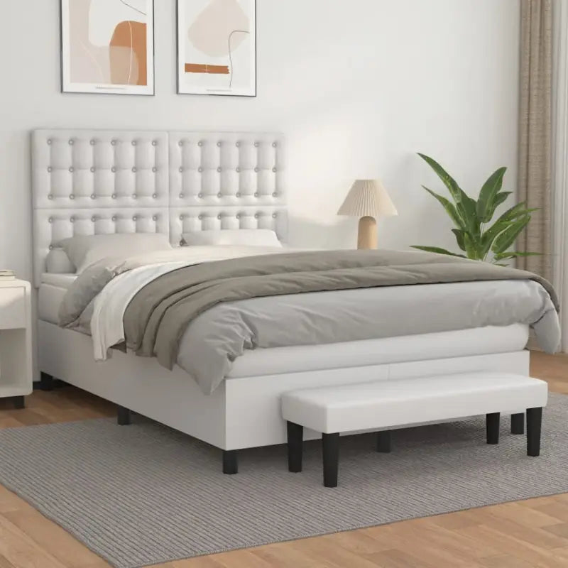 Boxspringbed met hoogwaardig kunstleer in grijs materiaal voor rustgevende nachten - Wit / 140 x 200 cm / knoppwn