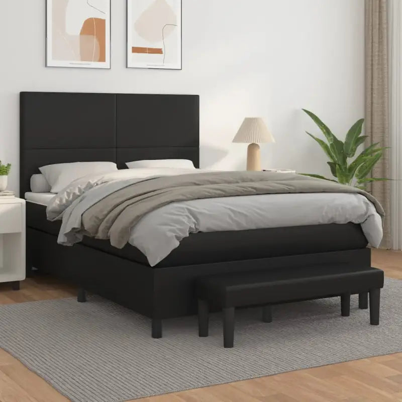 Boxspringbed met hoogwaardig kunstleer in grijs materiaal voor rustgevende nachten - Zwart / 140 x 200 cm / Effen
