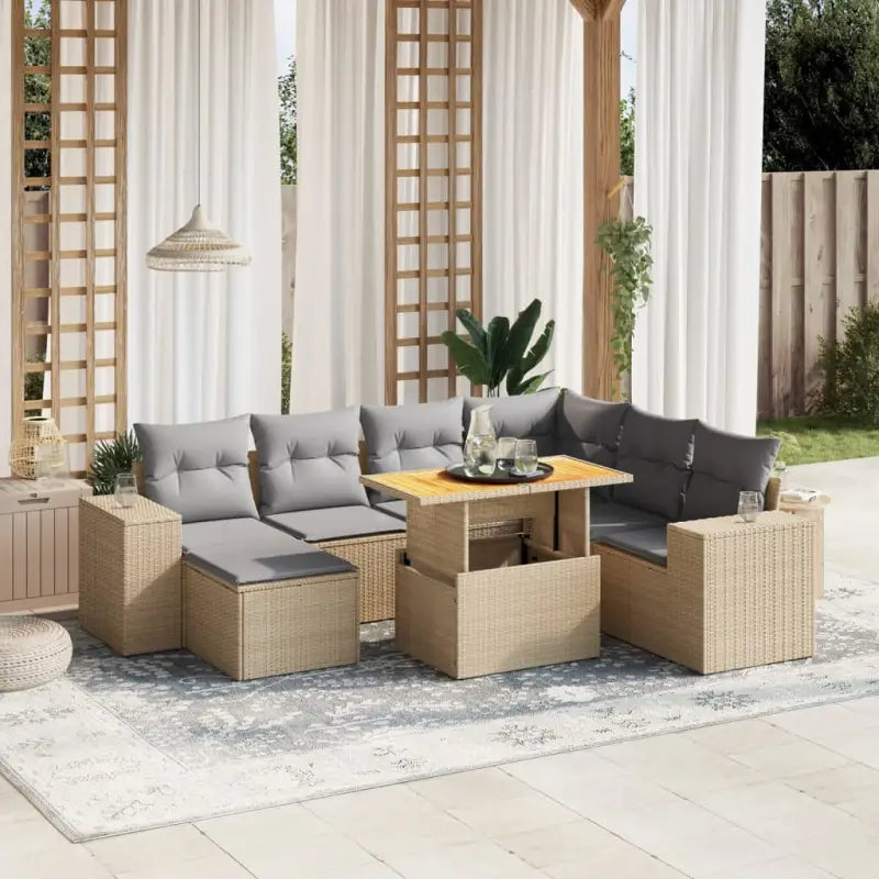 Bredeluik loungeset met beige materiaal en gepoedercoat staal - Beige en grijs / 3x hoek + 3x midden + voetensteun