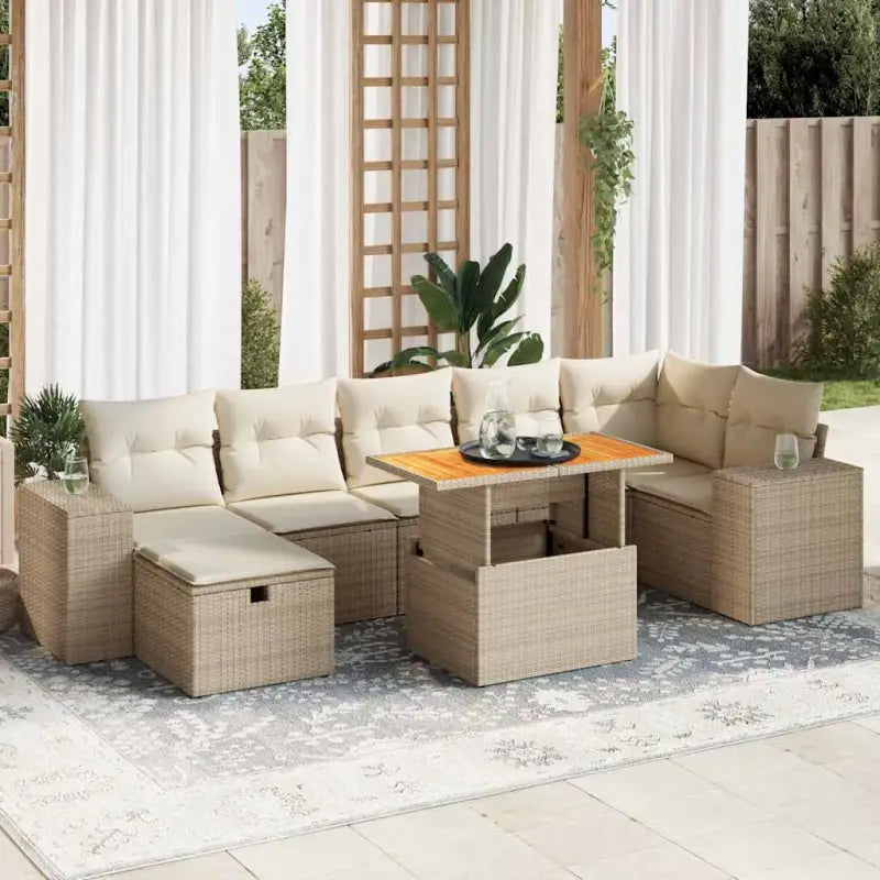 Bredeluik loungeset met beige materiaal en gepoedercoat staal - Beige / Tafel + 3x hoek + 3x midden + voetensteun
