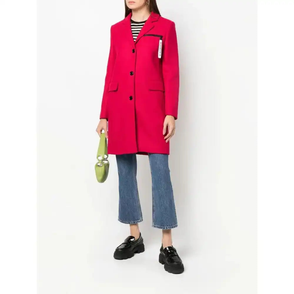 Bright red wool coat with black buttons and a chest pocket.