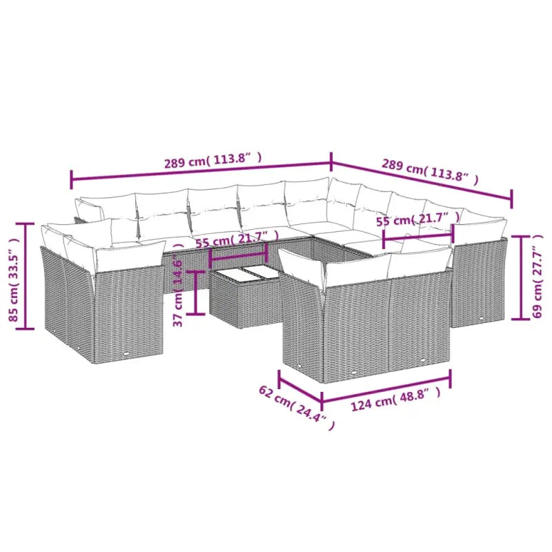 Bruin materiaal loungeset met poly rattan en gepoedercoat staal afmetingen - Tuinsets