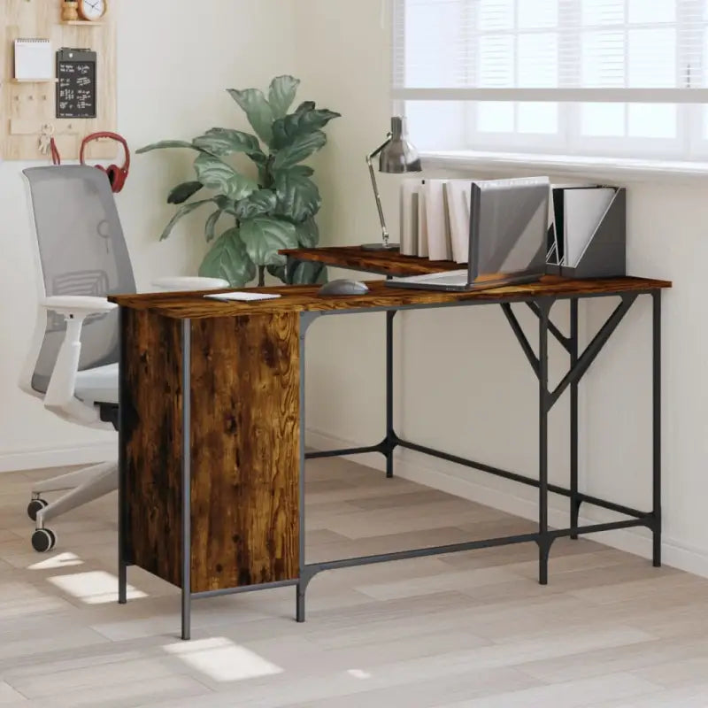 Bureau met bewerkt hout en L-vormig ontwerp voor je woonruimte - Gerookt eiken - Bureaus