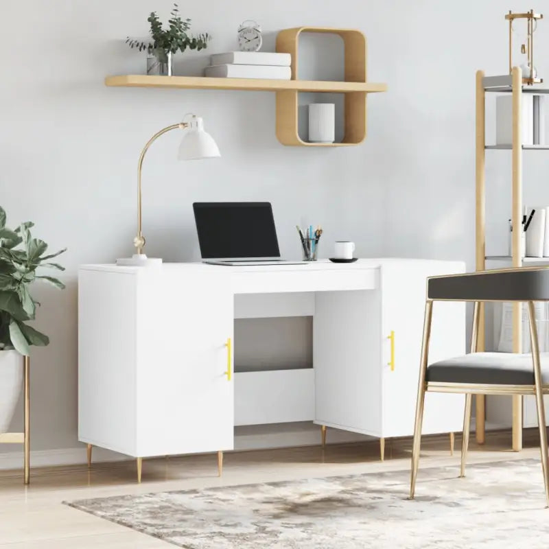 Bureau met hoogglans wit afwerking en bewerkt hout voor elegante werkruimte - Wit - Bureaus