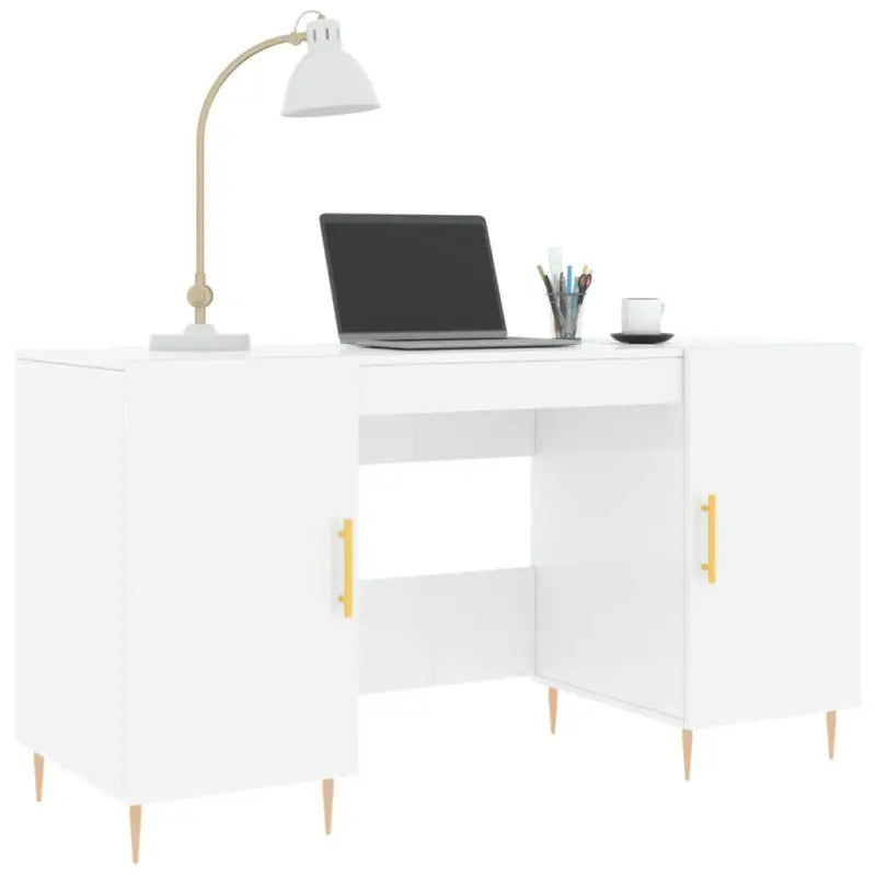 Bureau met hoogglans wit afwerking en bewerkt hout voor elegante werkruimte - Bureaus