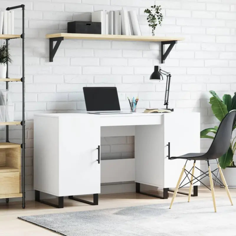 Bureau van bewerkt hout met hoogglans wit voor een elegante werkomgeving - Wit - Bureaus