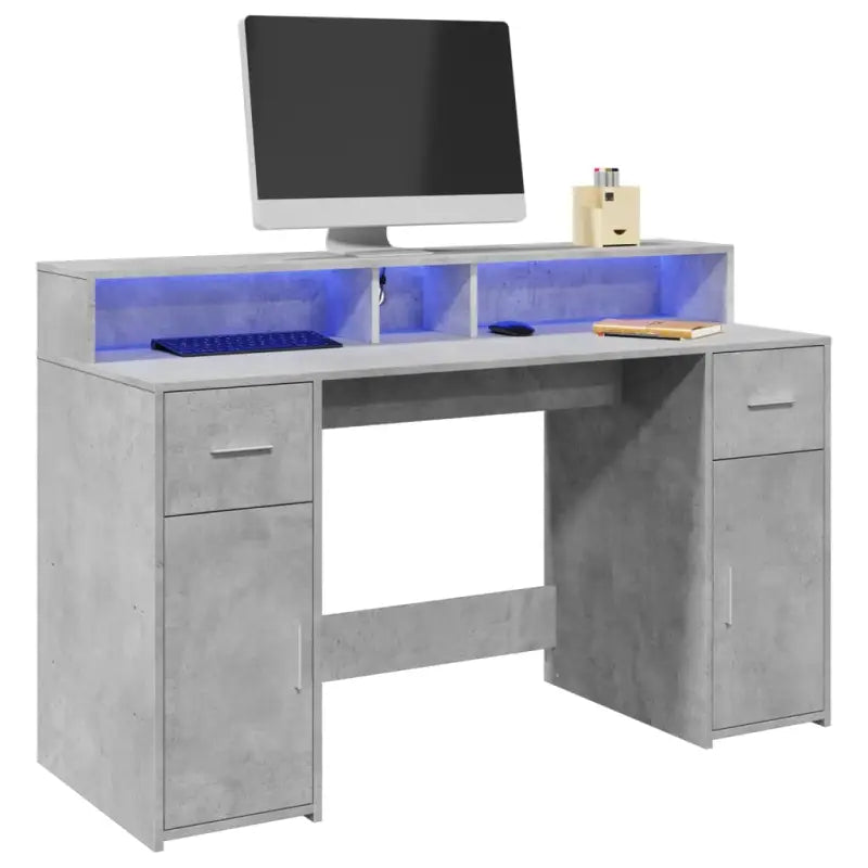 Bureau van bewerkt hout met opbergruimte en LED-verlichting - Betongrijs / 140 x 55 x 91 cm - Bureaus
