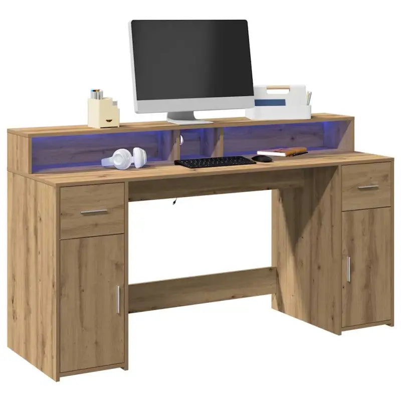 Bureau van bewerkt hout met opbergruimte en LED-verlichting - artisian oak / 160 x 55 x 91 cm - Bureaus