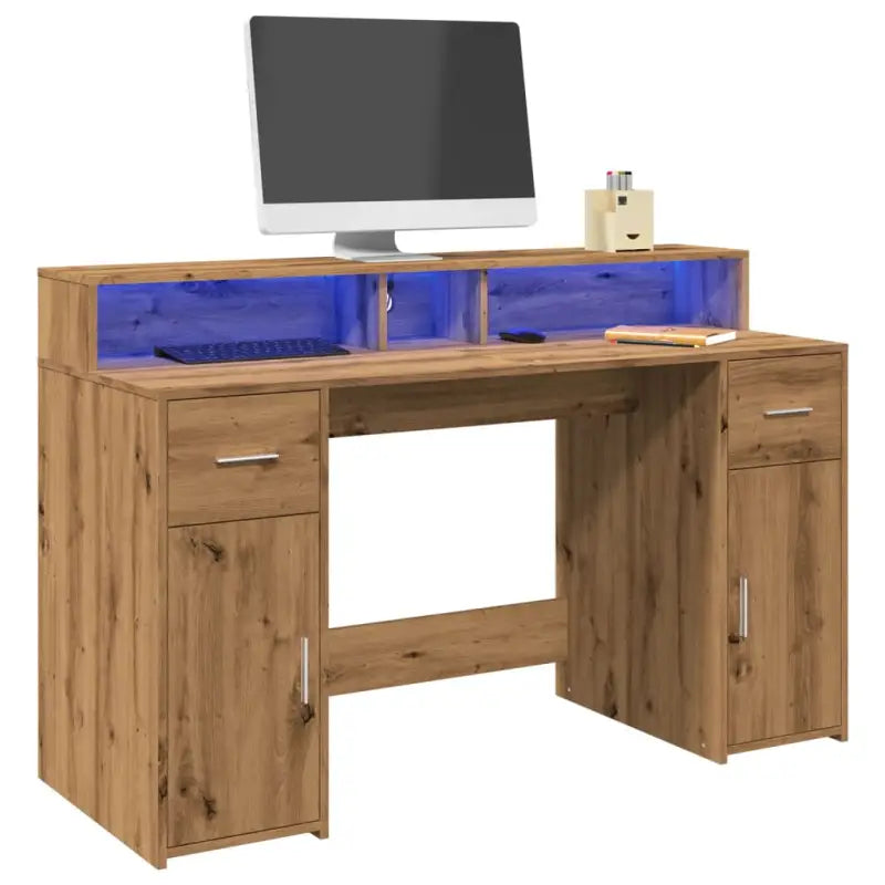 Bureau van bewerkt hout met opbergruimte en LED-verlichting - artisian oak / 140 x 55 x 91 cm - Bureaus