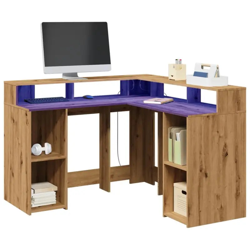 Bureau van bewerkt hout met opbergruimte en LED-verlichting - artisian oak / 130 x 130 x 91 cm - Bureaus