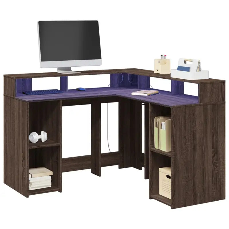 Bureau van bewerkt hout met opbergruimte en LED-verlichting - bruin eikenkleur / 130 x 130 x 91 cm - Bureaus