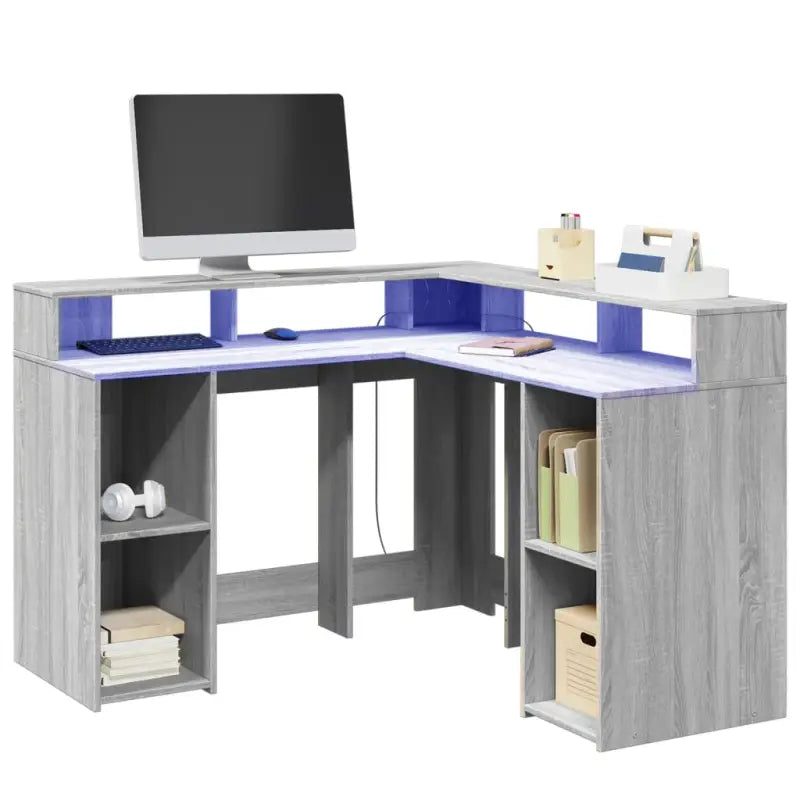 Bureau van bewerkt hout met opbergruimte en LED-verlichting - Grijs sonoma / 130 x 130 x 91 cm - Bureaus