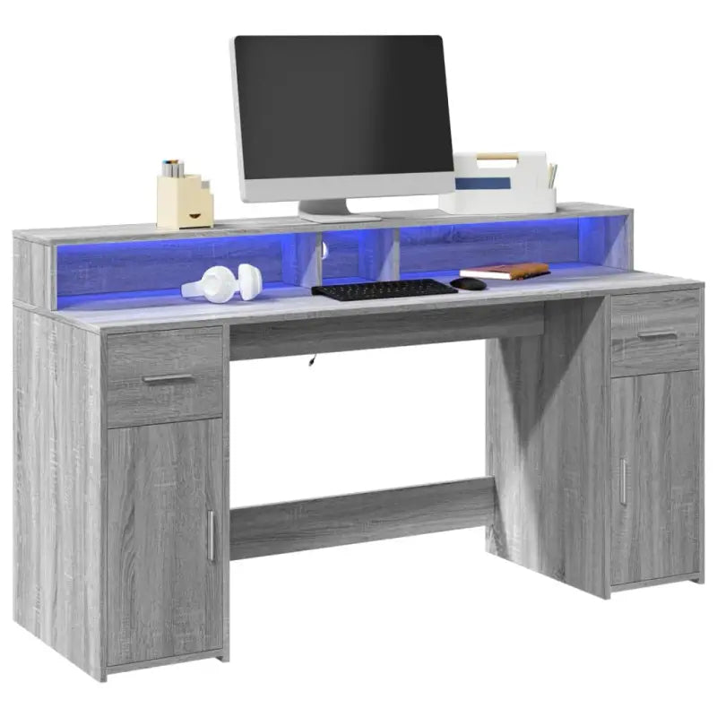 Bureau van bewerkt hout met opbergruimte en LED-verlichting - Grijs sonoma / 160 x 55 x 91 cm - Bureaus