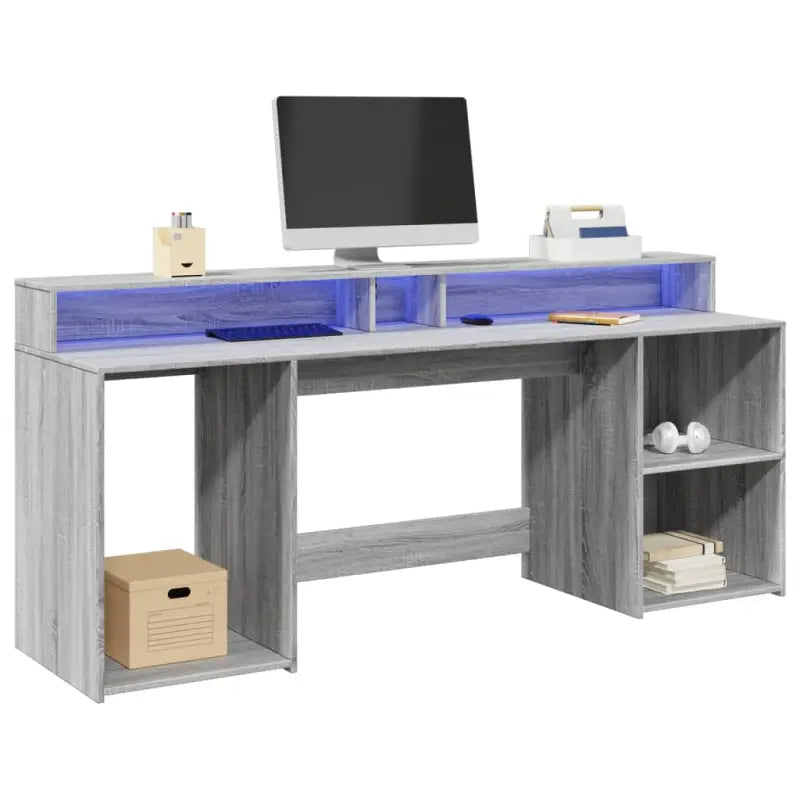 Bureau van bewerkt hout met opbergruimte en LED-verlichting - Grijs sonoma / 200 x 55 x 91 cm - Bureaus