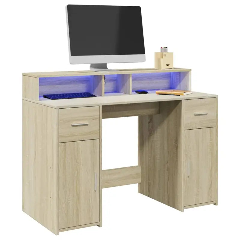 Bureau van bewerkt hout met opbergruimte en LED-verlichting - Sonoma eiken / 120 x 55 x 91 cm - Bureaus