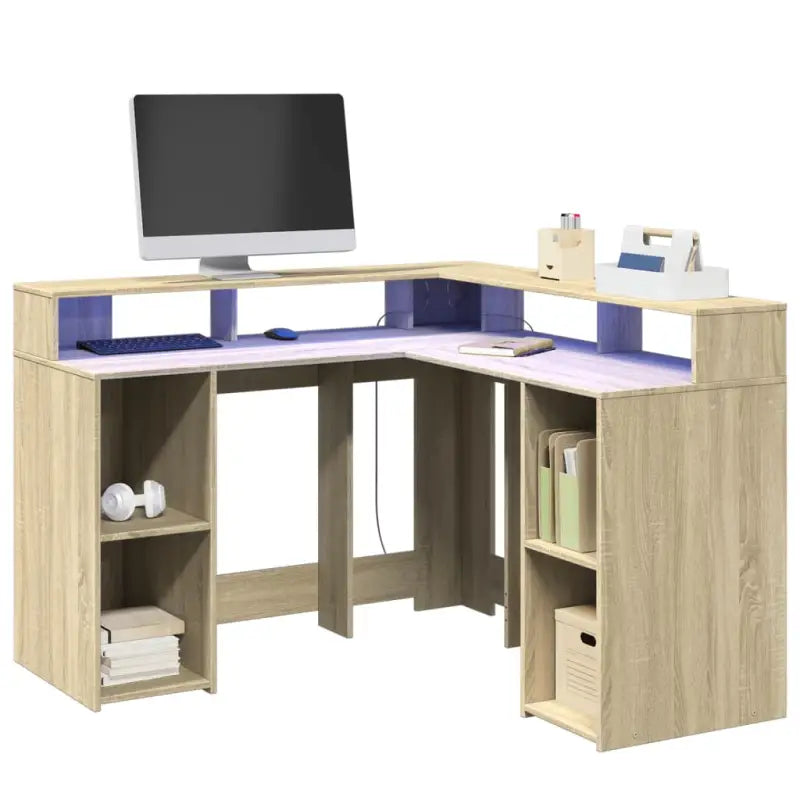 Bureau van bewerkt hout met opbergruimte en LED-verlichting - Sonoma eiken / 130 x 130 x 91 cm - Bureaus
