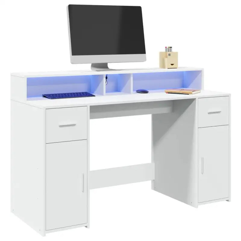 Bureau van bewerkt hout met opbergruimte en LED-verlichting - Wit / 140 x 55 x 91 cm - Bureaus
