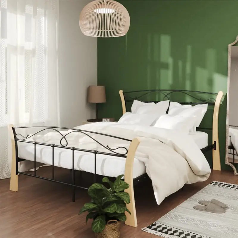 Comfortabel bedframe met massief eikenhout en gepoedercoat metaal - zwart en lichthoutkleurig / 120 x 200 cm - Bedden &